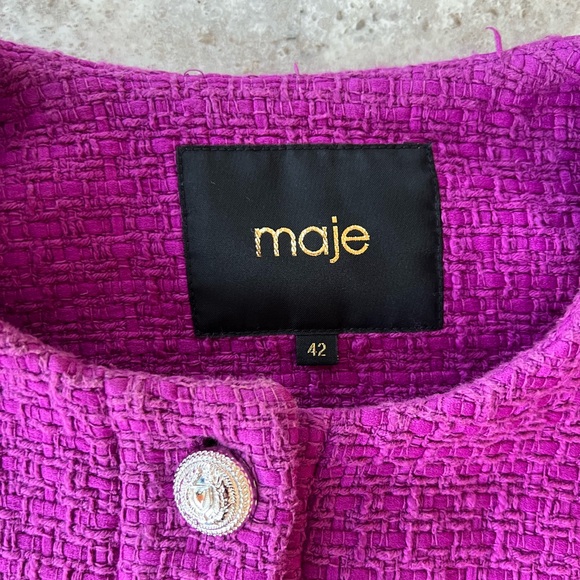 Maje Tweed Lady Cropped Collarless Cotton-Blend Jacket, Rose Fuchsia, 42 - Picture 8 of 15